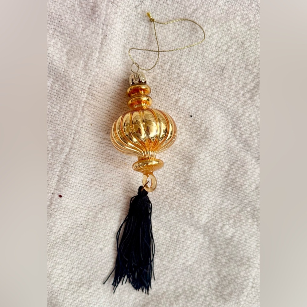 8” Vintage Gold Glass & Black Fringe Christmas Ornament Holiday Decor